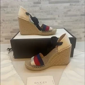 Gucci Shoes Gucci Lilibeth Sylvie Web Espadrille Wedge Sandal